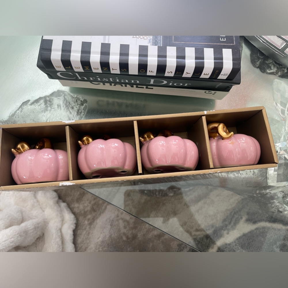 Nicole Miller Blush Pink Glazed Ceramic Pumpkins with Gold Stalks Set of 4 - Picture 9 of 14